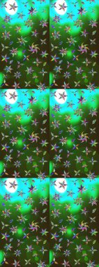 Yeşil ve gri renklerde bahar çiçekleri. Patlayan çiçekler soyut olarak yerleştirilmiş. Raster illüstrasyonu. Raster deseni.