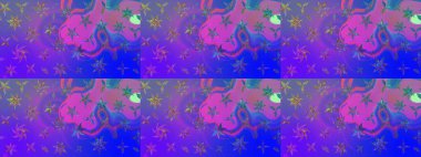 Şirin çiçekli eskiz deseni ve mor ve mavi renkli yapraklar, suluboya çiçek deseni, duvar kağıdı, kart ya da kumaş için fayanslı. Raster illüstrasyonu.