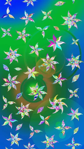 Yeşil ve mavi renkli etnik çiçekli zarif eskiz deseni. Asya Tekstil 'inde Raster Çiçek İllüstrasyonu.