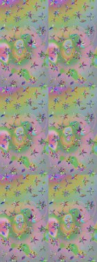 Raster illüstrasyonu. Patlayan çiçekler soyut olarak yerleştirilmiş. Tarafsız ve yeşil renklerde bahar çiçekleri. Raster deseni.