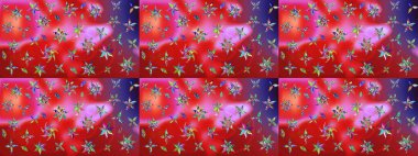 Nakış desenli çiçek deseni. Renkli grunge, renkli ve pembe çiçeklerle soyut bir arka plan oluşturur. İzler, kumaş, duvar kağıtları, tekstil için raster dokusu.