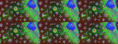 Çok yeşil ve kahverengi zarif küçük çiçekler ve yeşil ve kahverengi renkli komik böcekler, raster desen, illüstrasyon.