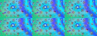 Küçük mavi ve yeşil çiçeklerle oldukça eski bir besin torbası deseni. Tekstil, kumaş, kapaklar, duvar kağıtları, baskı, paket, koleksiyon defteri, örgü, dekupaj için çiçek arkaplanı..