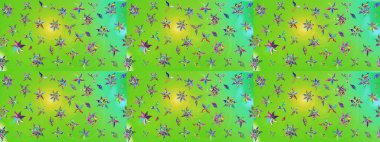 Raster illüstrasyonu. Yeşil ve sarı renkli Asya tekstili. Çiçek desenini çiz.