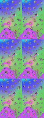 Raster illüstrasyonu. Yumuşak, bahar çiçekleri menekşe ve yeşil renklerde. Raster çiçek desenli ve çiçekli..