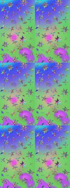 Raster illüstrasyonu. Yeşil ve mor renklerde. 3D çiçekler, çizim.