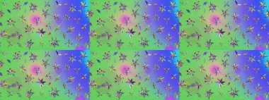 Çiçekler yeşil ve maviye. Raster hisseleri. Eskiz arkaplan modeli. Suluboya, elle çizilmiş.