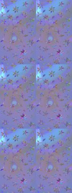 Küçük çiçekli yay deseni çiz. Raster illüstrasyonu. Suluboya tarzında mor ve mavi renkler üzerine.