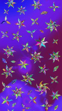 Düz Çiçek Elementleri Tasarımı. Çiçek desenli çizim. Mor ve mor renkli çiçekler. Renkli Bahar Teması eskiz kalıbı. Raster illüstrasyonu. Asya tekstil tarzında.