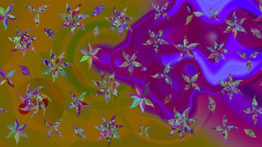 Çiçek desenli çizim. Raster illüstrasyonu. Asya tekstil tarzında. Kahverengi ve mor renkli çiçekler. Renkli Bahar Teması eskiz kalıbı. Düz Çiçek Elementleri Tasarımı.