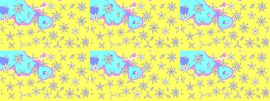 Düz Çiçek Elementleri Tasarımı. Raster illüstrasyonundaki çiçek desenli çizim. Renkli Yaz Temalı eskiz kalıbı. Sarı ve mavi renkte çiçekler.