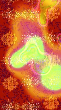 Turuncu, kırmızı ve sarı mandala şeklindeki kar taneleri sanat terapisi tarzı zen çizimler için. El çizimi, dövme stili, kumaş tasarımı ve Raster illüstrasyonunda kartlar..