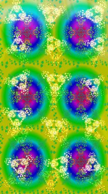 Raster illüstrasyonu. Renkli arka planda izole tatlı kar taneleri. Kar taneli yeşil, sarı ve mavi renkler.