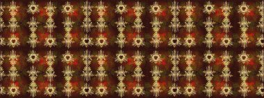 Kumaş desenli papatya çiçeği detayı. Çiçekler kahverengi, kırmızı ve sarı renklerde.