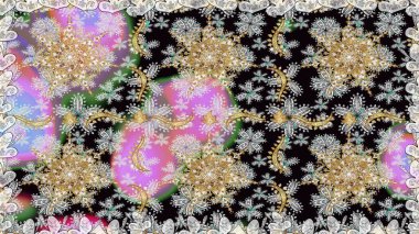 Dekoratif simetri arabesk. Doğum günü kartı, davetiye ya da afiş için iyidir. Raster illüstrasyonu. Kusursuz ortaçağ çiçek deseni. Gri renklerde altın.