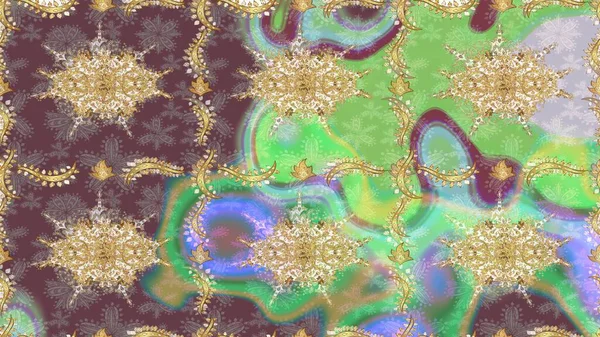 Tarafsız renklerde altın element. Damask çizimi tekrarlanıyor. Barok tarzında altın çiçekli süs. Doku arkaplanı üzerine altın duvar kağıdı.