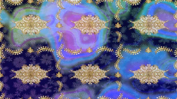 Klasik altın desenli eskiz. Raster illüstrasyonu. Tekrarlayan elementlerle soyut arkaplan oluşturun. Mavi renklerle altın elementler üzerine altın çizim deseni.