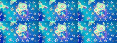 Elle çizilmiş çiçek desenli Raster çizimi. Mavi ve nötr arkaplanda. Çocuksu tasarım. Tekstil, kumaş, ambalaj, hatıra defteri için güzel çiçek arkaplanı..