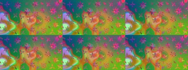 Raster illüstrasyonu. Yeşil ve mavi renkte çiçekler. Tropikal çizim çiçek deseni.