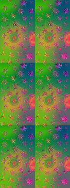 Tekstil için suluboya eskiz deseni. Şirin çiçekli, desenli, yeşil ve mavi renkli renkli bir eskiz. El çizimi çiçek çizimi deseni (fayans)).