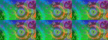 Renkli grunge, koyu yeşil ve mavi çiçeklerle soyut bir arka plan oluşturur. Nakış desenli çiçek deseni. İzler, kumaş, duvar kağıtları, tekstil için raster dokusu.