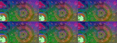 Raster illüstrasyonundaki çiçek desenli çizim. Suluboya tarzında yeşil ve mavi renkte çiçekler.