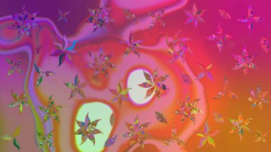 Raster illüstrasyonu. Pembe ve mor renkli çiçekler. Raster illüstrasyonu. Çiçek desenli çizim. Asya tekstil tarzında.