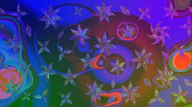 Mavi ve mor renkli çiçekler. Hediye ambalaj kağıdı, tebrik kartları, posterler ve pankart tasarımı. Raster düz çiçek çizim deseni.