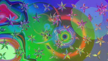 Düz Çiçek Elementleri Tasarımı. Raster illüstrasyonundaki çiçek desenli çizim. Renkli Bahar Teması eskiz kalıbı. Yeşil ve mavi renkte çiçekler.