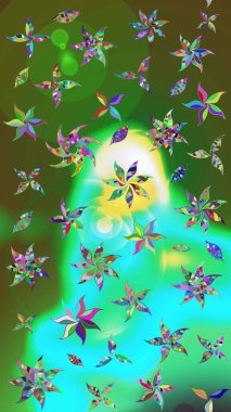 Raster deseni. Nazikçe, rengarenk bahar çiçekleri. Patlayan çiçekler soyut olarak yerleştirilmiş. Raster illüstrasyonu.