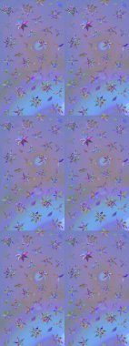 Motley illüstrasyonu. Küçük renkli çiçekler. Küçük çiçekte güzel bir desen. Moda baskıları için zarif bir şablon. Mor ve mavi çiçekli bahar çiçekleri.