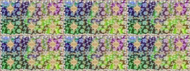 Raster altın tekstil baskısı. Kusursuz desenli oryantal süs. Çiçek kiremitleri. İslam tasarımı. Yeşil ve nötr renklerdeki altın desenler altın elementlerle.