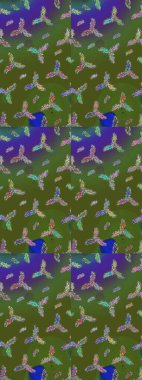 Raster illüstrasyonu. Bokeh yeşili, mavi, menekşe ve kar taneleriyle dekoratif Noel arkaplanı.