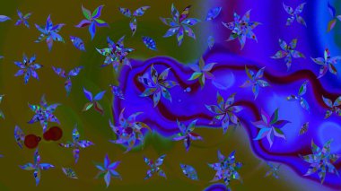 Hediye ambalaj kağıdı, tebrik kartları, posterler ve pankart tasarımı. Yeşil ve mavi renkte çiçekler. Raster düz çiçek çizim deseni.