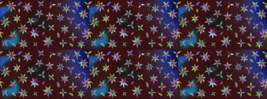 Raster illüstrasyonundaki çiçek desenli çizim. Kahverengi ve mavi renkte çiçekler.