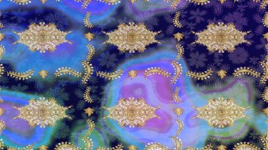 Klasik altın desenli eskiz. Tekrarlayan elementlerle soyut arkaplan oluşturun. Raster illüstrasyonu. Mavi renklerle altın elementler üzerine altın çizim deseni.