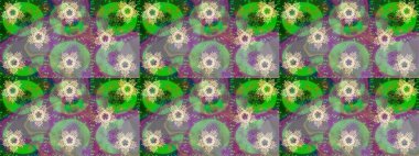 Yüzey için tekrarlanan doku, ambalaj kağıdı, yeşil, nötr ve mor renkte kar tanesi. Kış kar taneleri, raster arka plan.