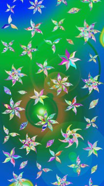 Raster illüstrasyonundaki çiçek desenli çizim. Yeşil ve mavi renkte çiçekler. Renkli Bahar Teması eskiz kalıbı. Düz Çiçek Elementleri Tasarımı.