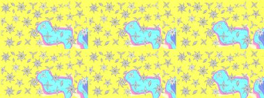 Vadinin çiçekleri sarı ve mavi renklerde. Soyut etnik raster çizim kalıbı. Çiçekler..