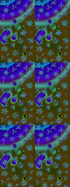 Motley illüstrasyonu. Küçük renkli çiçekler. Küçük çiçekte güzel bir desen. Moda baskıları için zarif bir şablon. Kahverengi ve mavi çiçekli bahar çiçekleri.