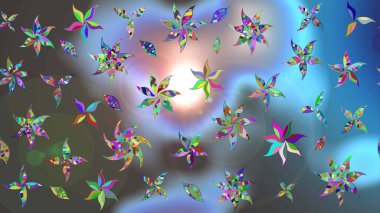 Yapraklı çiçekler ve mavi ve gri renkli papatya çiçekleri. Raster - stok. Taslak arkaplan deseni.