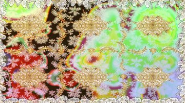 Raster illüstrasyonu. Kusursuz damaske klasik altın desen. Tarafsız renklerde altın rengi ve altın elementler üzerinde altın pürüzsüz desen. Tekrarlayan ögelerle soyut arkaplan Raster.