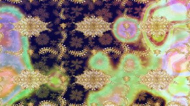 Barok tarzında altın çiçekli süs. Antika altın tekrarlanabilir duvar kağıdı. Damask çizimi tekrarlanıyor. Tarafsız renklerde altın element.