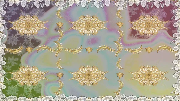 Paisleys zarif çiçek desenli dikdörtgen arka plan duvar kâğıdı illüstrasyonlu klasik stil, modern 3D çizgili sanat altın ve gri desenli çiçek yaprakları ve süslemeleri..