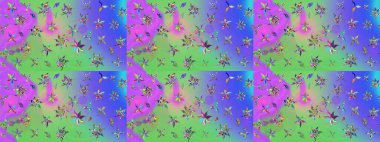 Çiçekli karalama şeklinde Raster çiçek deseni. Yumuşak, bahar çiçekleri menekşe ve yeşil renklerde. Raster illüstrasyonu.