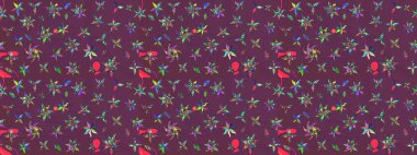 Düz Çiçek Elementleri Tasarımı. Renkli Bahar Teması eskiz kalıbı. Eskiz klasiği. Raster Şirin kumaş deseni.