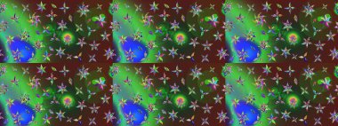 Çok yeşil ve kahverengi zarif küçük çiçekler ve yeşil ve kahverengi renkli komik böcekler, raster desen, illüstrasyon.