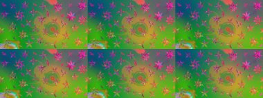 Hediye ambalaj kağıdı, tebrik kartları, posterler ve pankart tasarımı. Yeşil ve mavi renkte çiçekler. Raster düz çiçek çizim deseni.