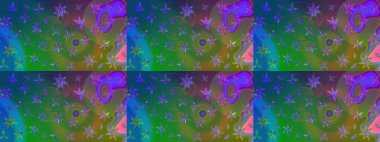 Hediye ambalaj kağıdı, tebrik kartları, posterler ve pankart tasarımı. Yeşil ve mavi renkte çiçekler. Raster düz çiçek çizim deseni.