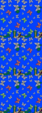 Mavi ve gri arka planda güzel renkli kelebeklerin Raster vintage el çizimi. Moda sevimli kumaş tasarımı. Raster illüstrasyonu.